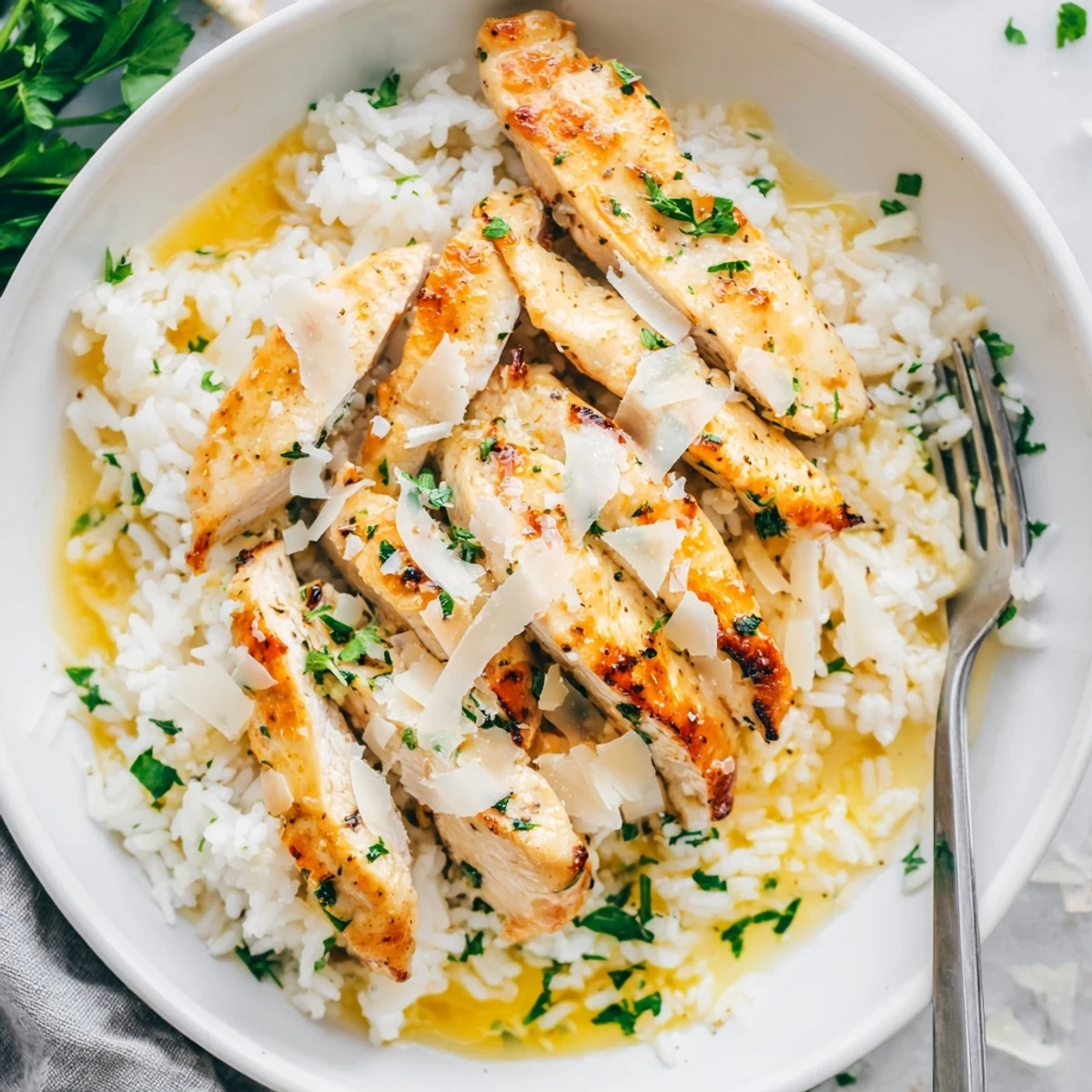 Golden seared chicken scampi with garlic parmesan rice on a white plate