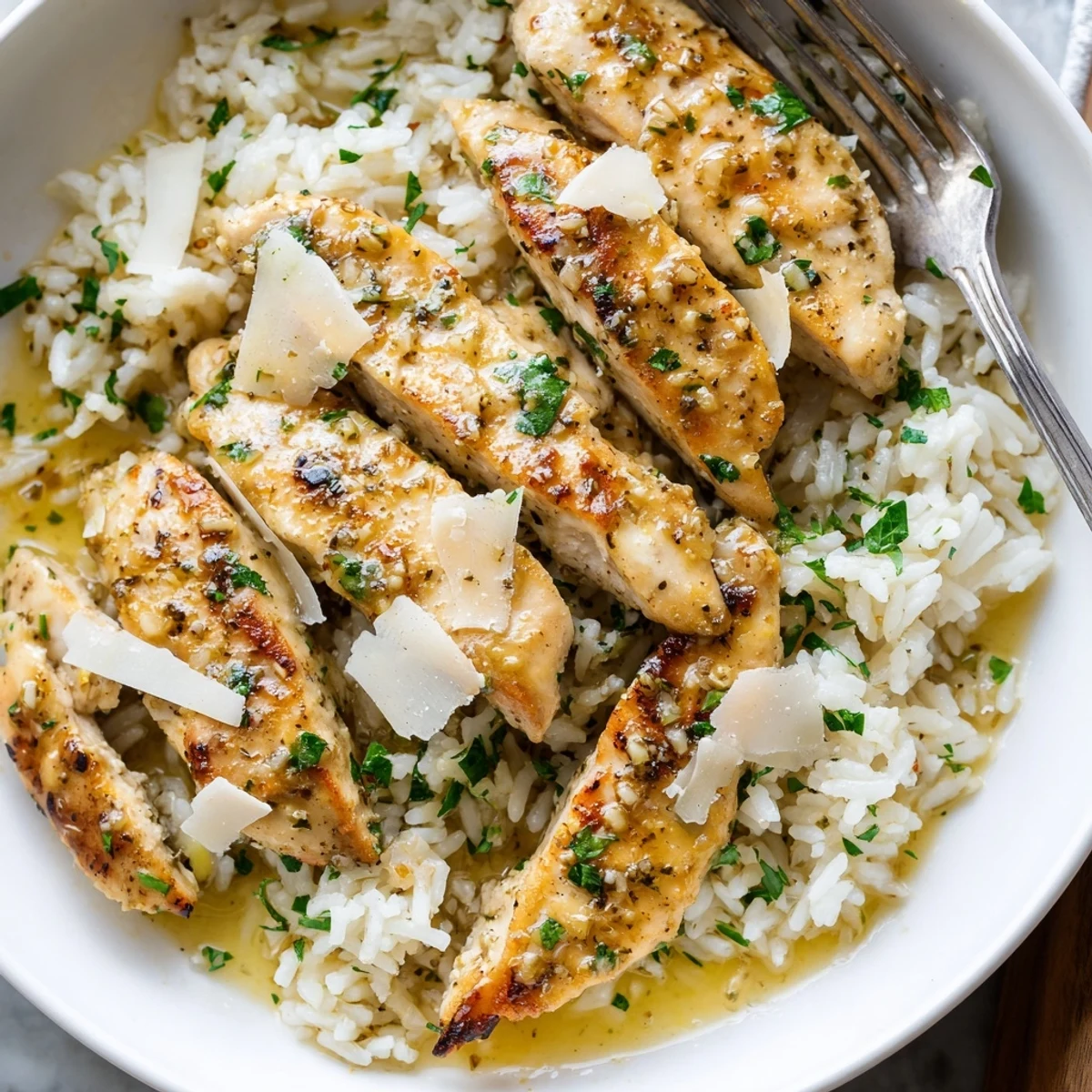 Juicy lemon garlic chicken scampi alongside fluffy parmesan rice in a rustic skillet