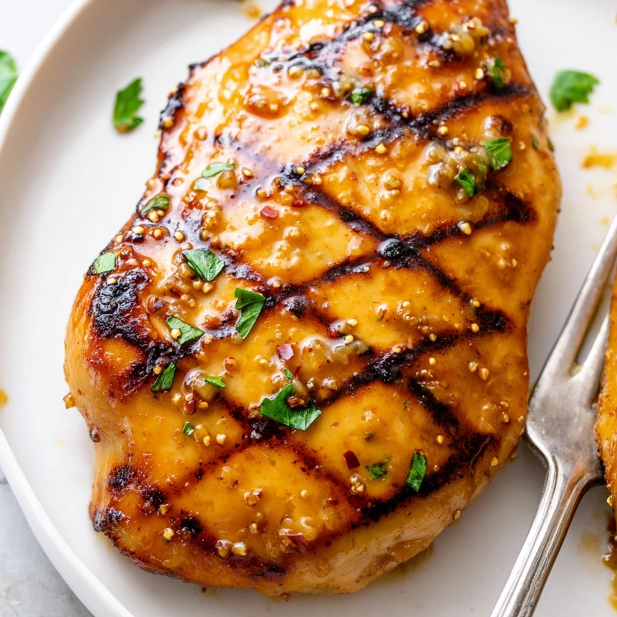 Golden grilled honey mustard chicken with charred edges and glistening glaze on a rustic plate