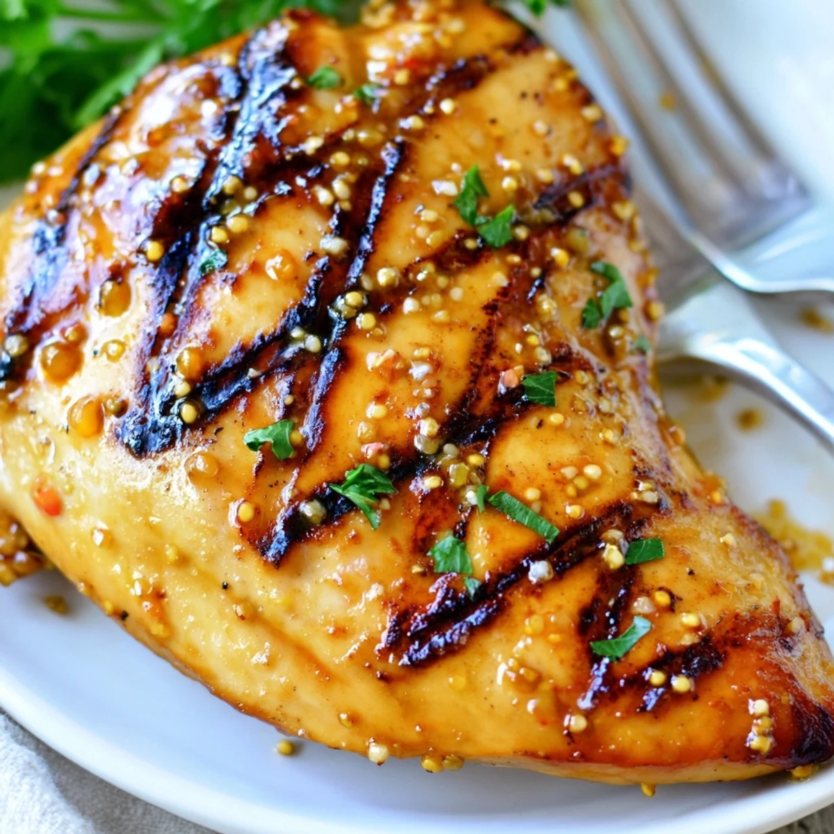 Juicy honey mustard grilled chicken sliced open revealing tender meat drizzled with tangy sweet sauce