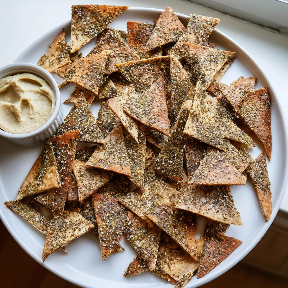 Golden zaatar pita chips piled in a bowl, sprinkled with herbs and warm spices