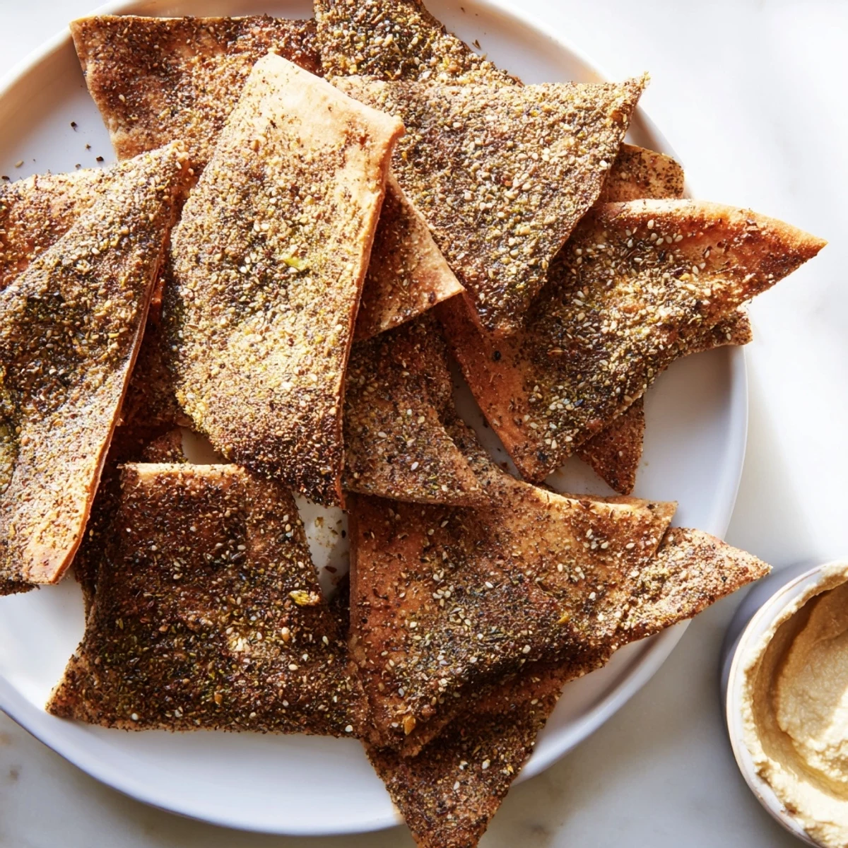 Crispy baked zaatar pita chips arranged on a rustic wooden cutting board