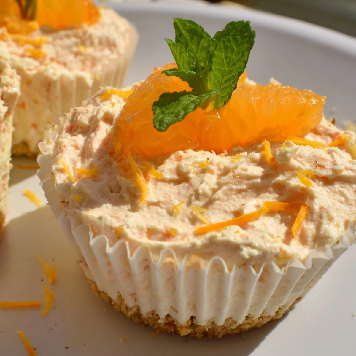 Creamy mini no bake orange cheesecakes topped with fresh orange segments and mint