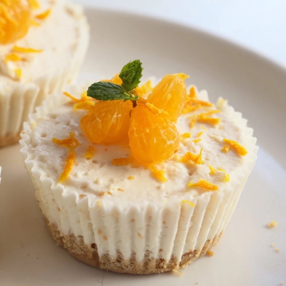 Golden biscuit crusts cradle smooth mini no bake orange cheesecakes in muffin liners