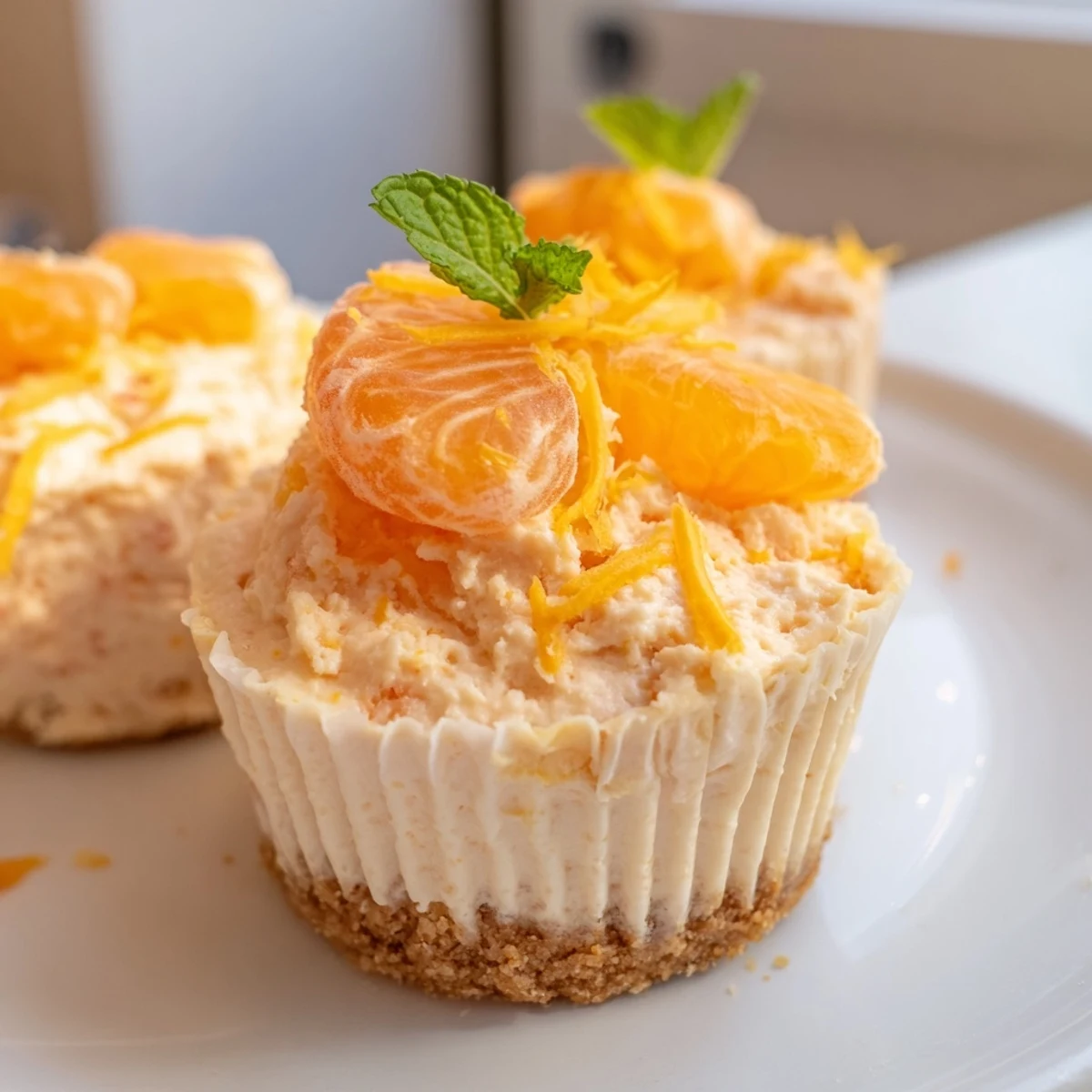 Zesty mini no bake orange cheesecakes with whipped cream topping on a rustic plate
