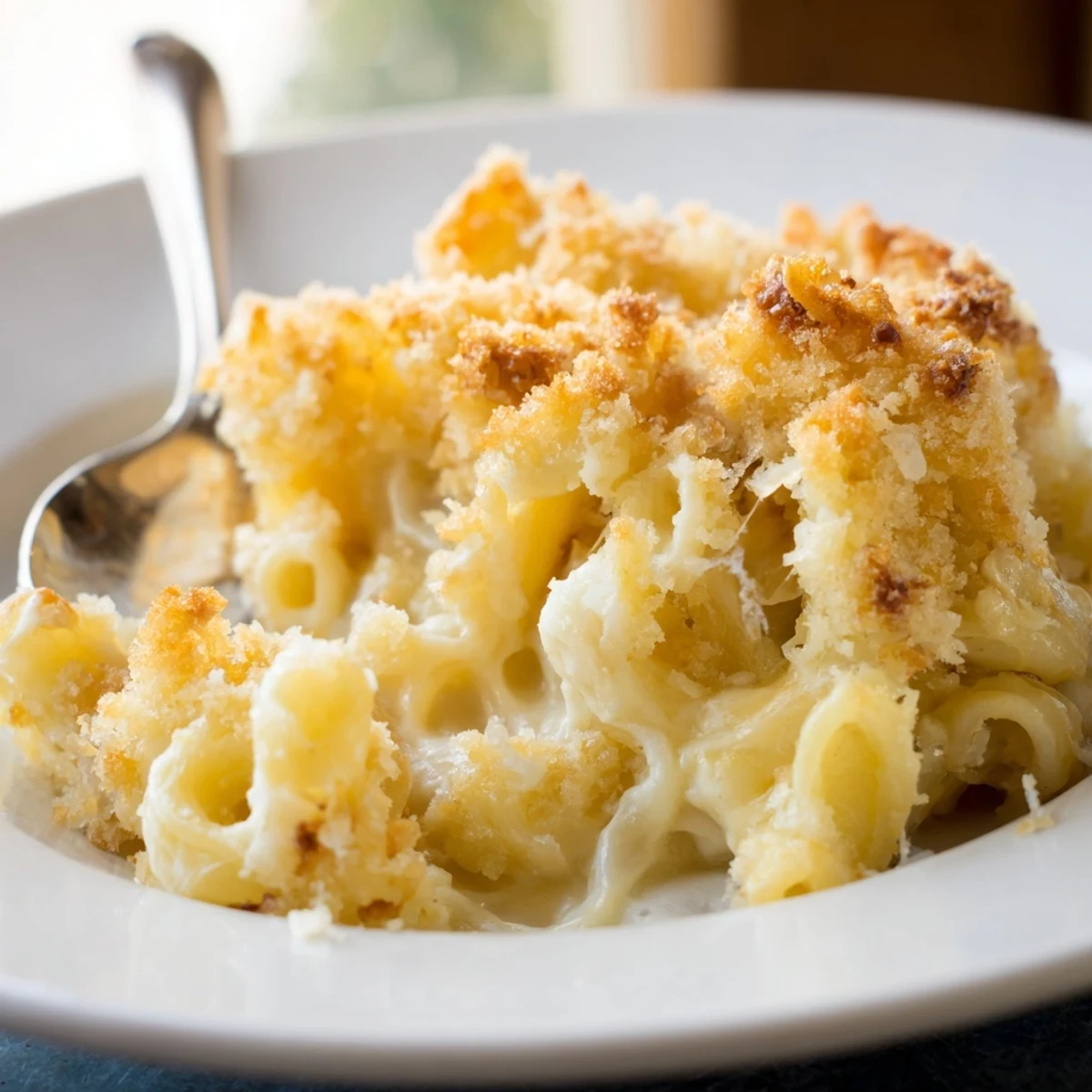 Creamy baked macaroni cheese with golden breadcrumb topping served in a rustic dish