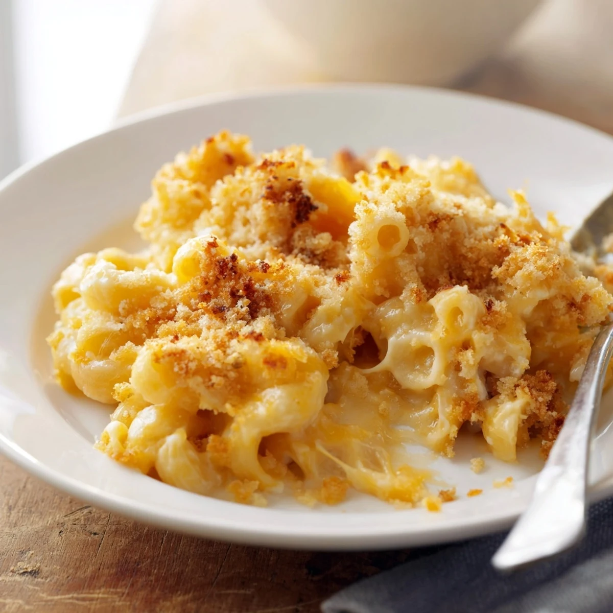 Homemade macaroni cheese bubbling in a cast iron skillet with a crispy cheese crust