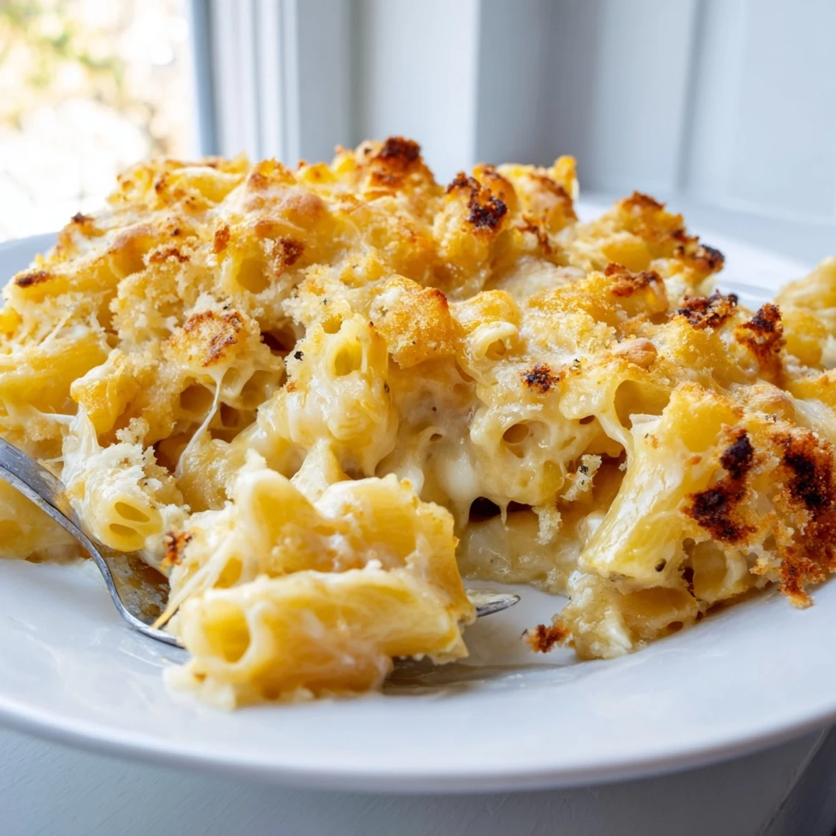 Steaming scoop of rich macaroni cheese with melted cheddar and gooey Gruyère sauce
