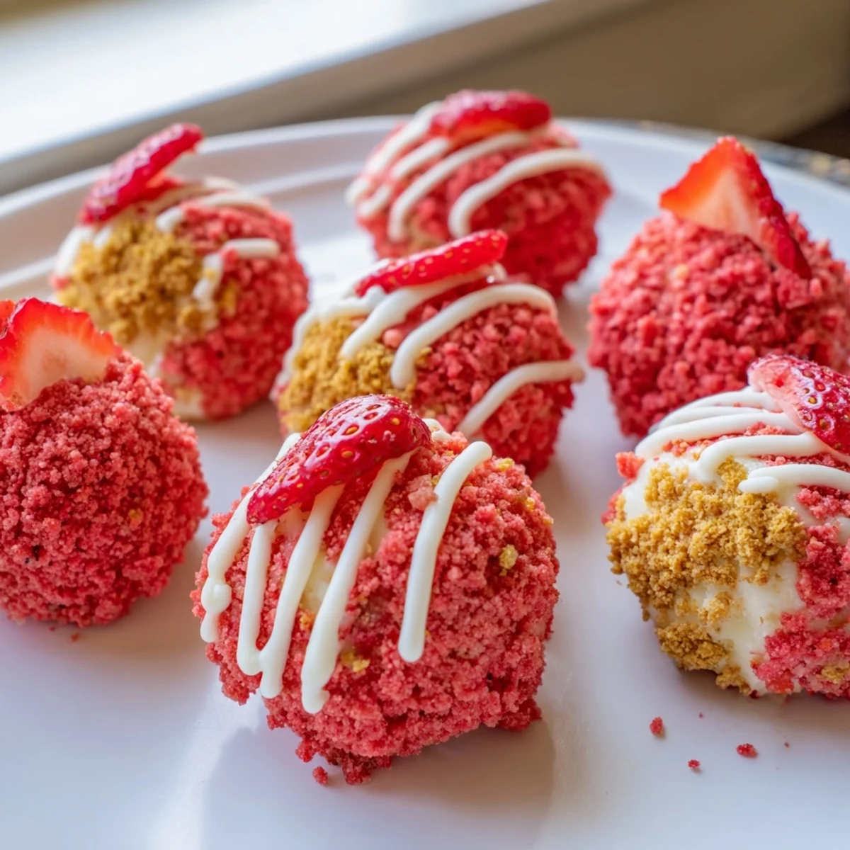 Creamy strawberry crunch cheesecake bites coated in bright pink cookie crumbs on a parchment-lined tray