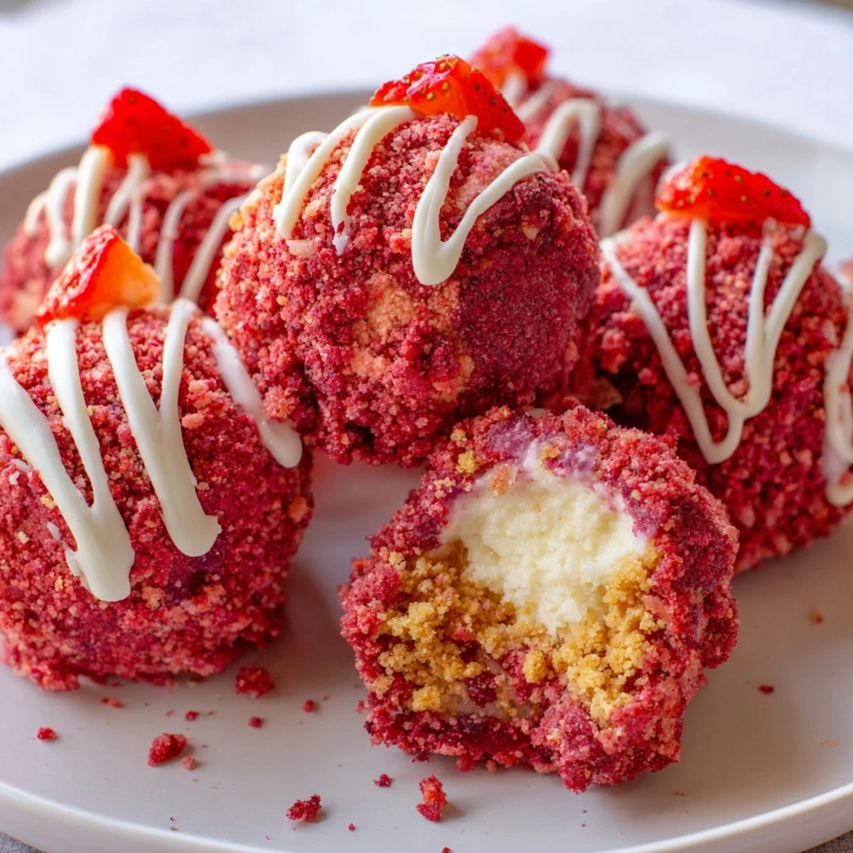 Golden-crusted strawberry crunch cheesecake bites drizzled with white chocolate and topped with fresh strawberry slices