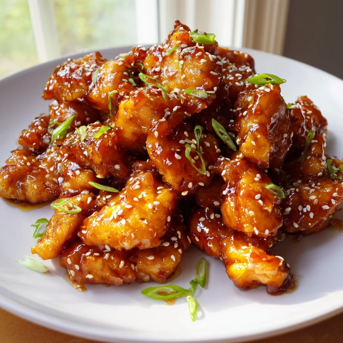 Glossy baked orange chicken glazed in sticky citrus sauce over white rice