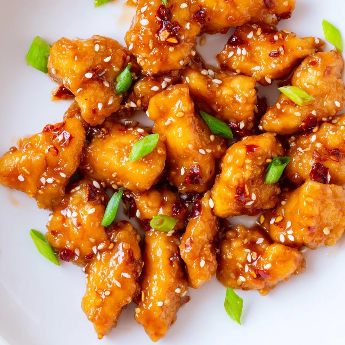 Caramelized baked orange chicken pieces scattered with sesame seeds and green onions