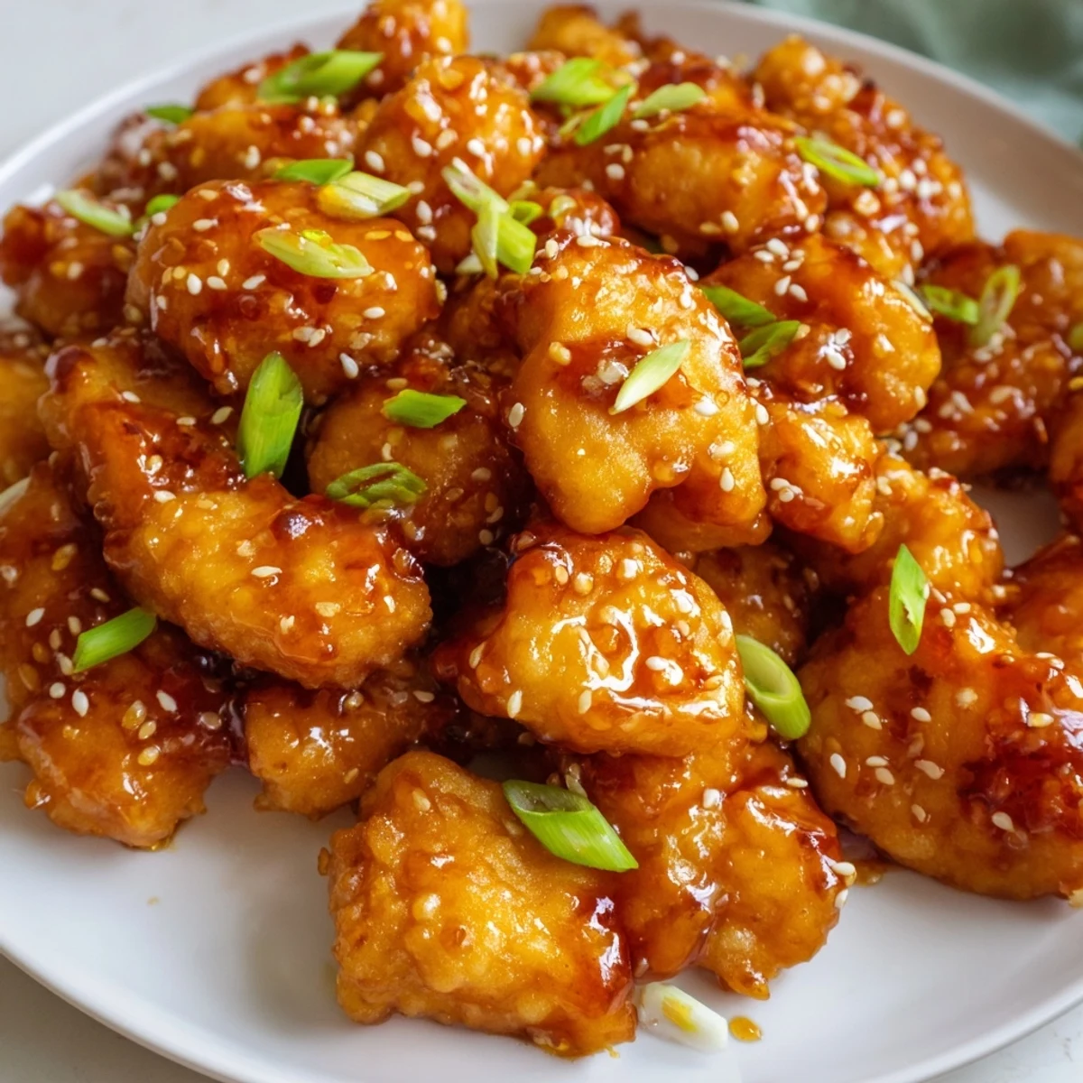 Golden baked orange chicken drizzled with sweet tangy sauce in a cast iron skillet