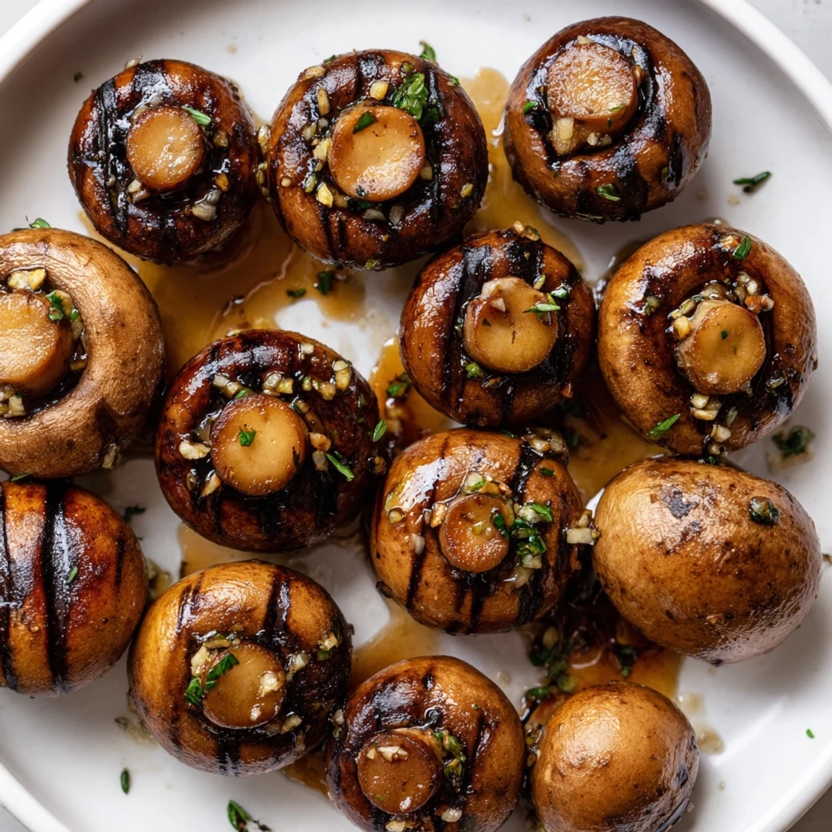 Golden grilled garlic butter mushrooms with charred edges on a rustic platter