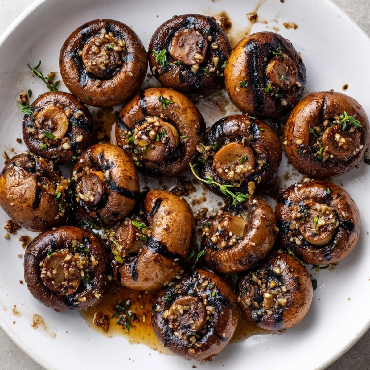 Steakhouse garlic butter grilled mushrooms glistening with herby oil and fresh parsley