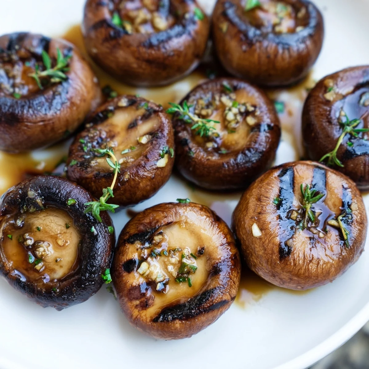 Juicy cremini mushrooms coated in rich garlic butter fresh off the grill