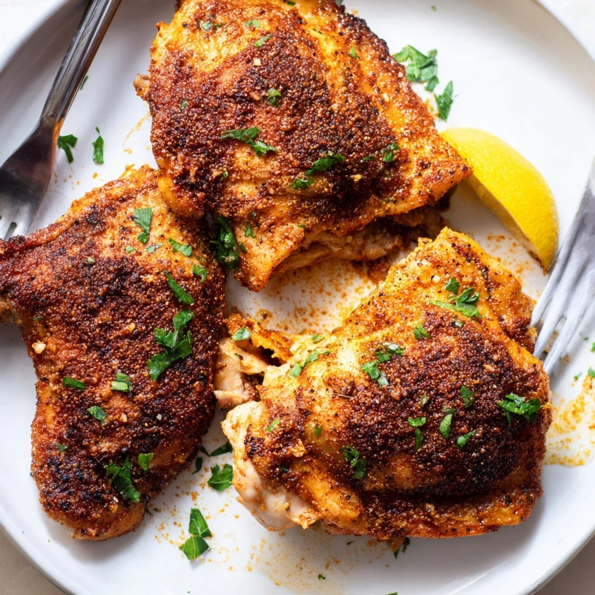 Golden crispy Old Bay chicken thighs roasted on a sheet pan with fragrant spice coating
