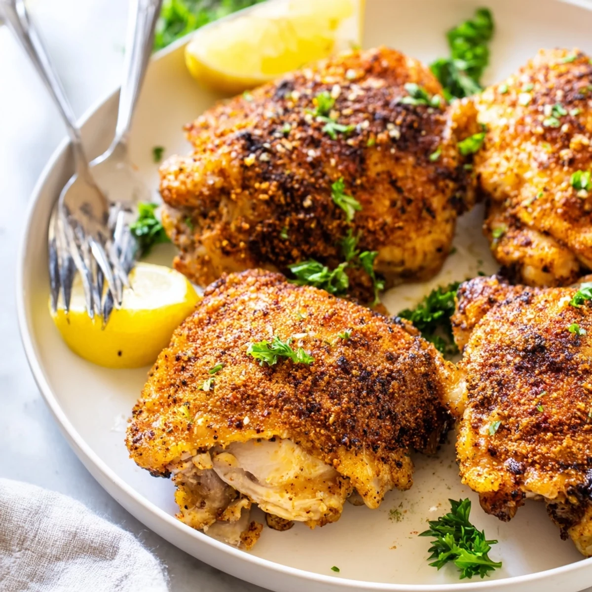 Juicy Old Bay chicken thighs garnished with fresh parsley and bright lemon wedges