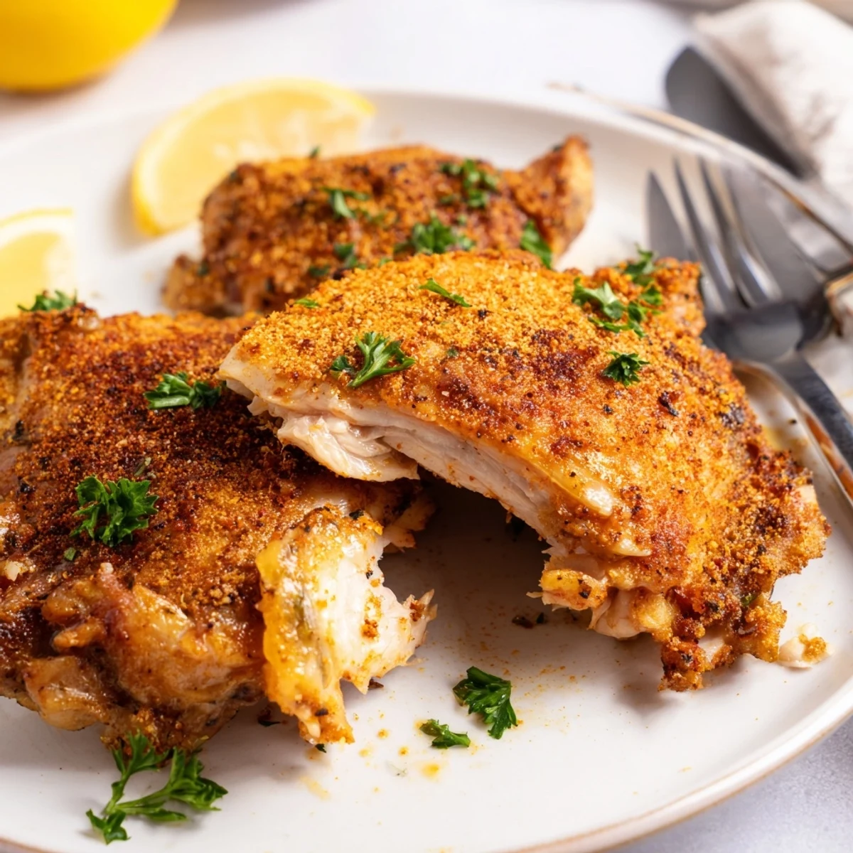 Perfectly browned Old Bay chicken thighs with seasoned crispy skin on a parchment-lined baking sheet