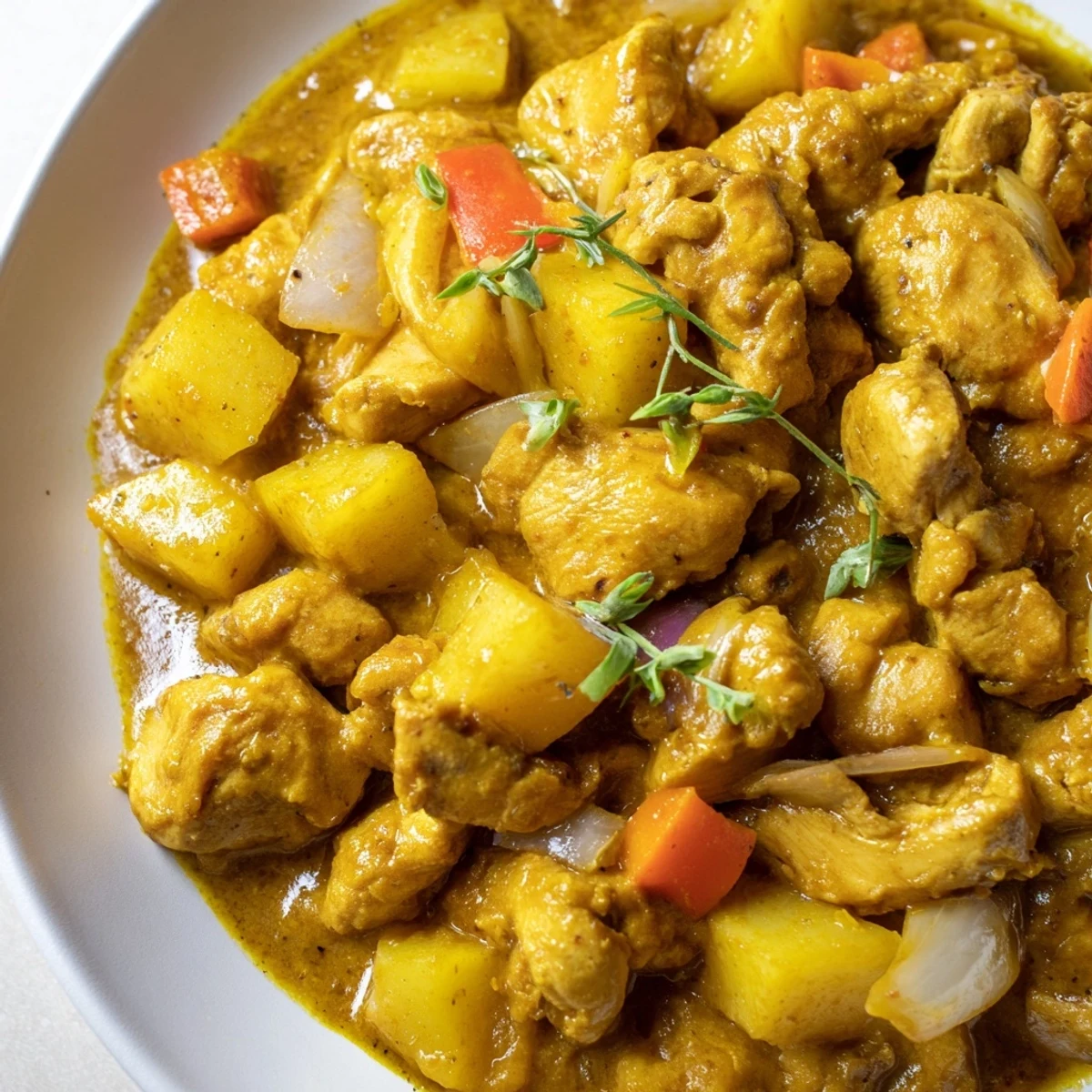 Golden Jamaican curry chicken simmered with potatoes in a rich, aromatic sauce