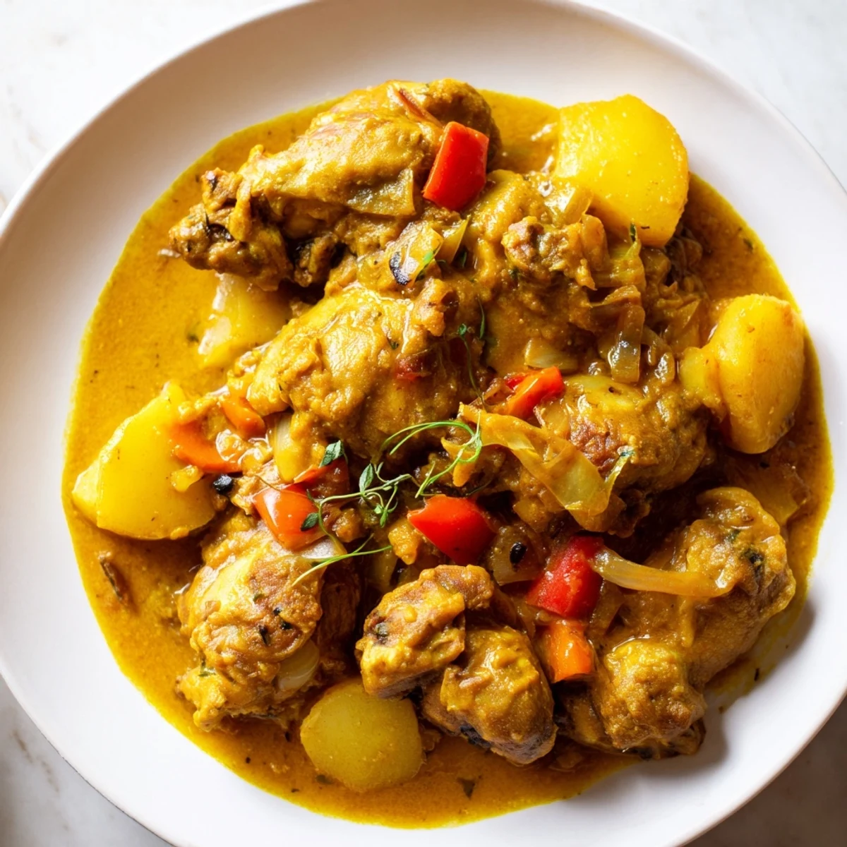 Tender Jamaican curry chicken served over fluffy white rice with fresh herbs