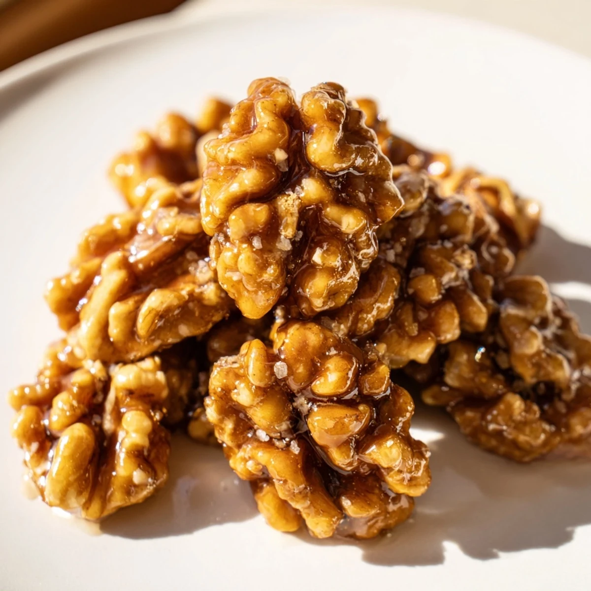 Glossy maple cinnamon walnuts fresh from the oven in a golden parchment-lined pan