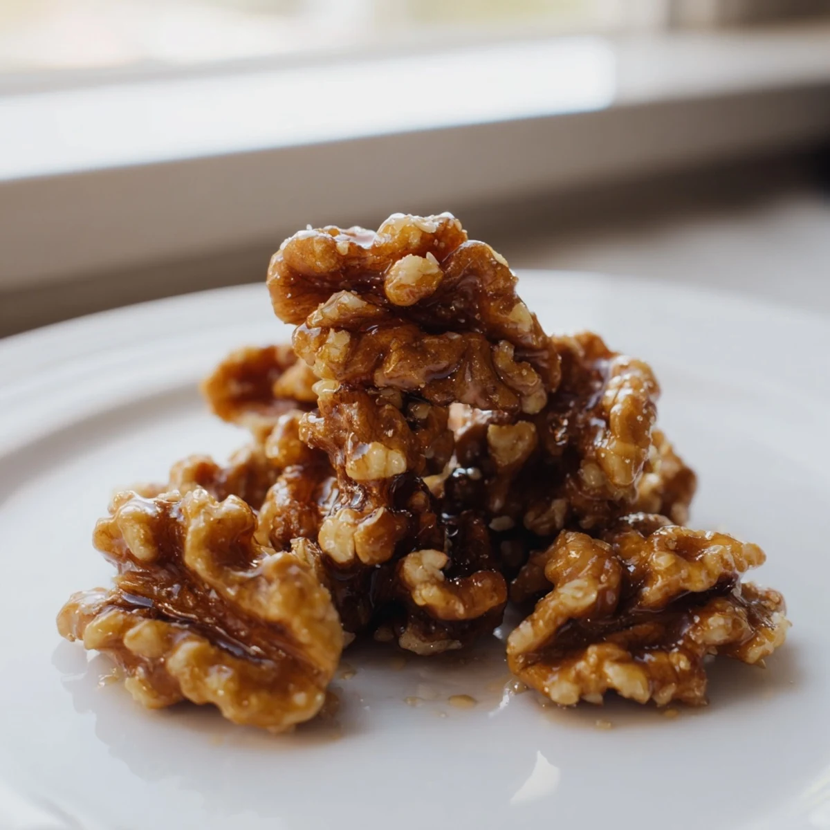 Crunchy maple cinnamon walnuts piled in a rustic bowl for holiday gifting