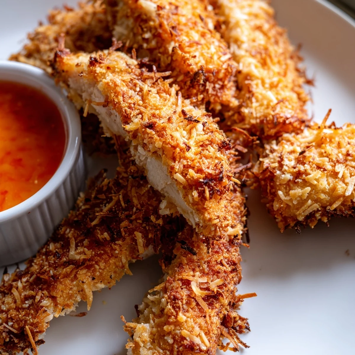 Golden Crunchy Coconut Chicken strips served with sweet chili dipping sauce on a rustic plate