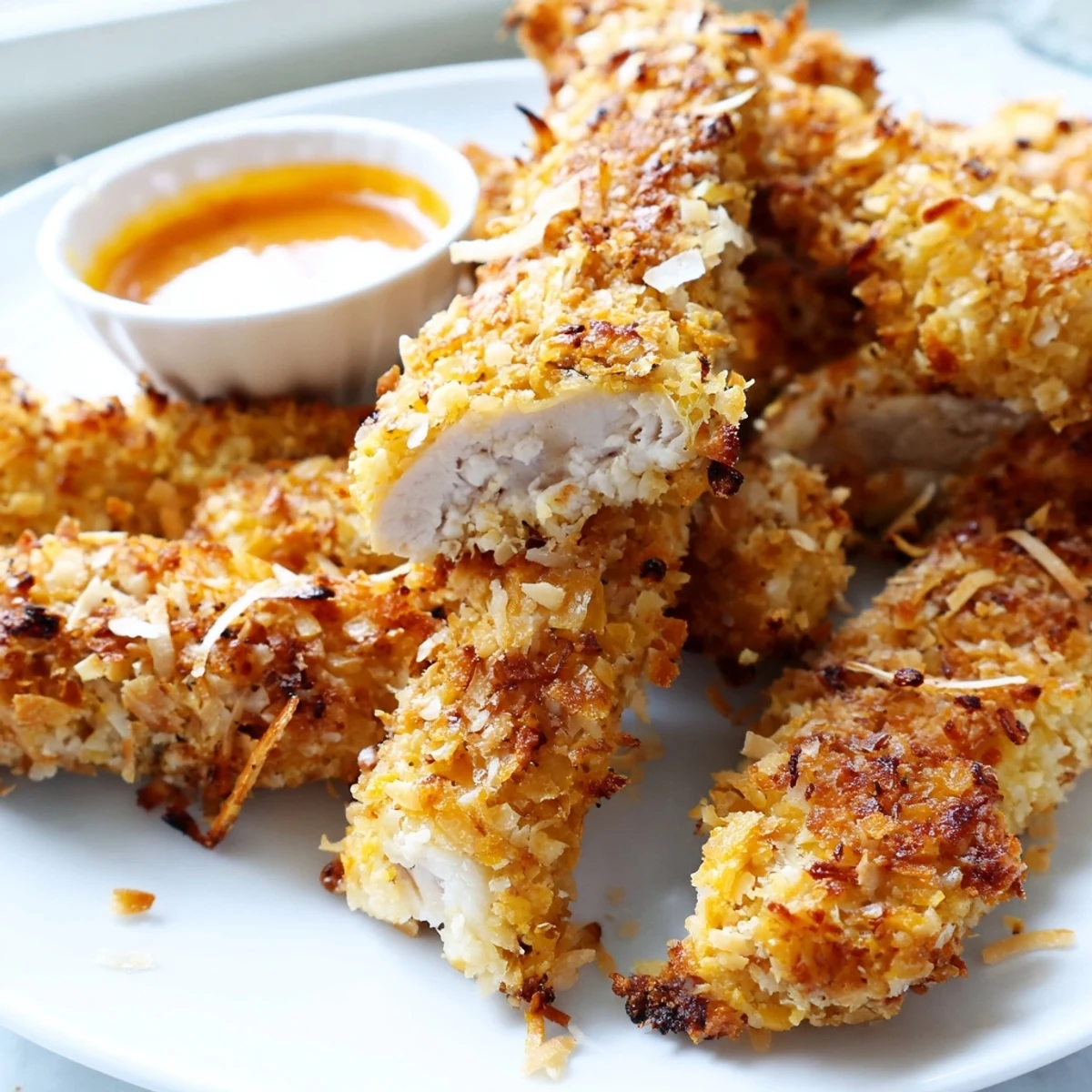 Close-up of Crunchy Coconut Chicken revealing a crispy golden crust and tender juicy interior