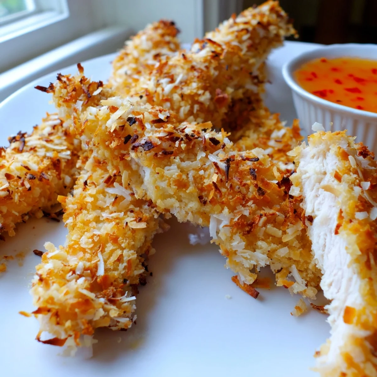 Crunchy Coconut Chicken arranged on a platter alongside mango chutney and fresh lime wedges