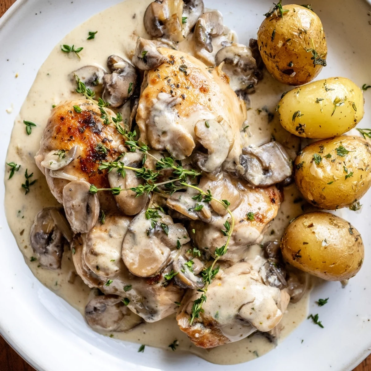 Creamy mushroom chicken smothered in rich sauce with golden herb-roasted potatoes on a rustic plate