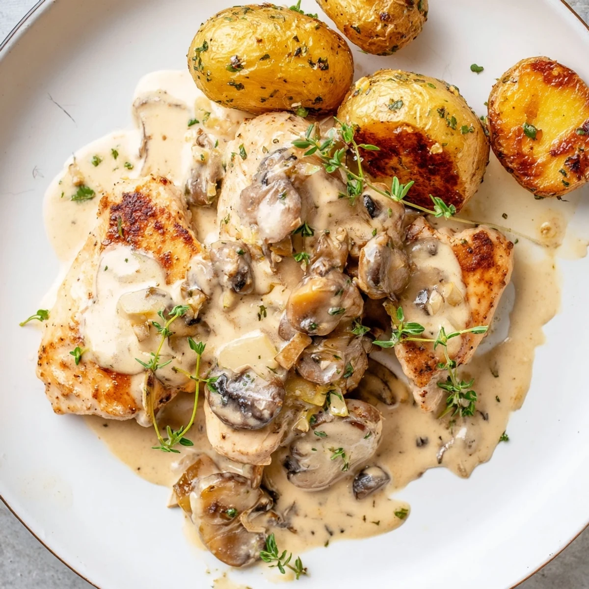 Tender creamy mushroom chicken topped with fresh parsley beside crispy rosemary potatoes in a skillet