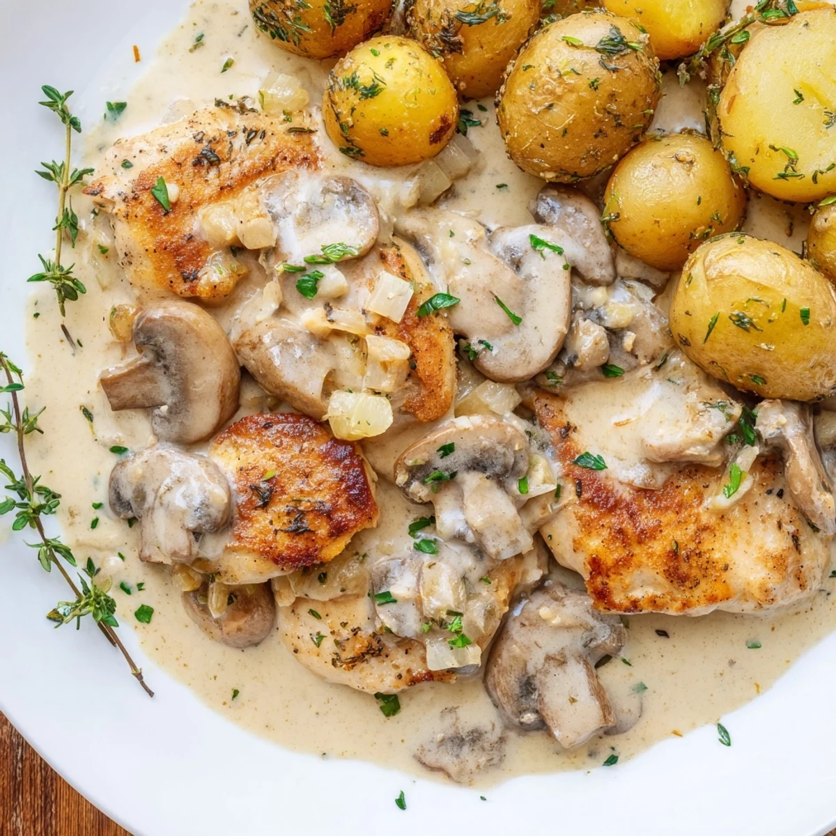 Juicy creamy mushroom chicken swimming in a velvety garlic sauce served alongside crackling herb potatoes