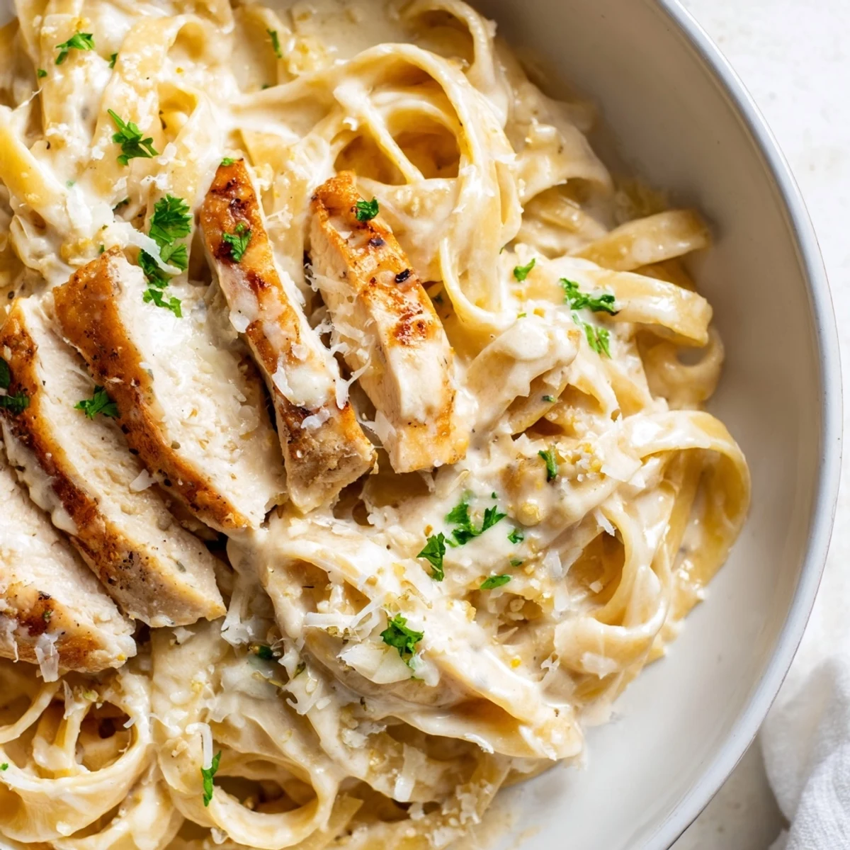 Steaming bowl of Creamy Garlic Parmesan Chicken Pasta garnished with fresh parsley and extra grated cheese