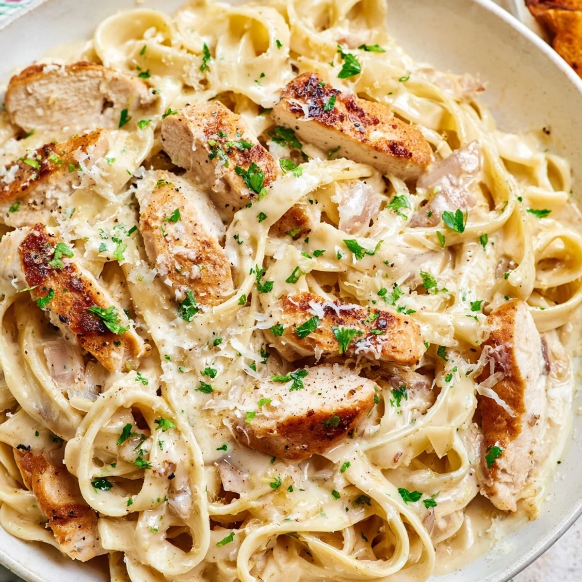 Golden seared chicken pieces nestled in a rich Creamy Garlic Parmesan Chicken Pasta coated in velvety white sauce