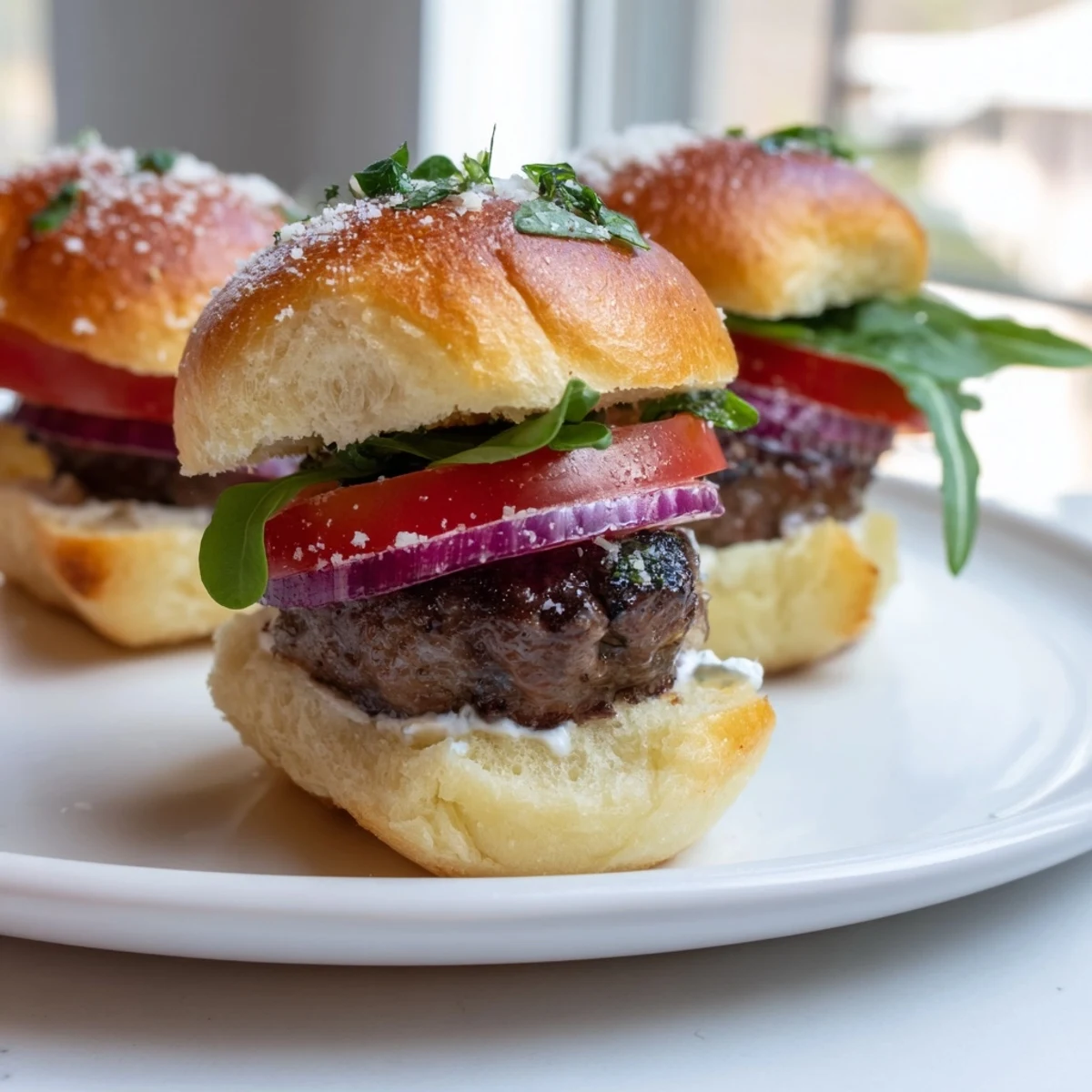 Juicy filet mignon sliders on golden garlic parmesan rolls topped with fresh arugula and sliced tomatoes