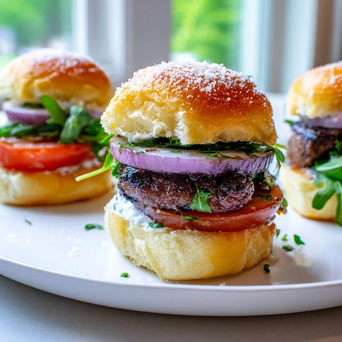 Crispy garlic parmesan rolls cradling seared filet mignon sliders drizzled with creamy horseradish aioli