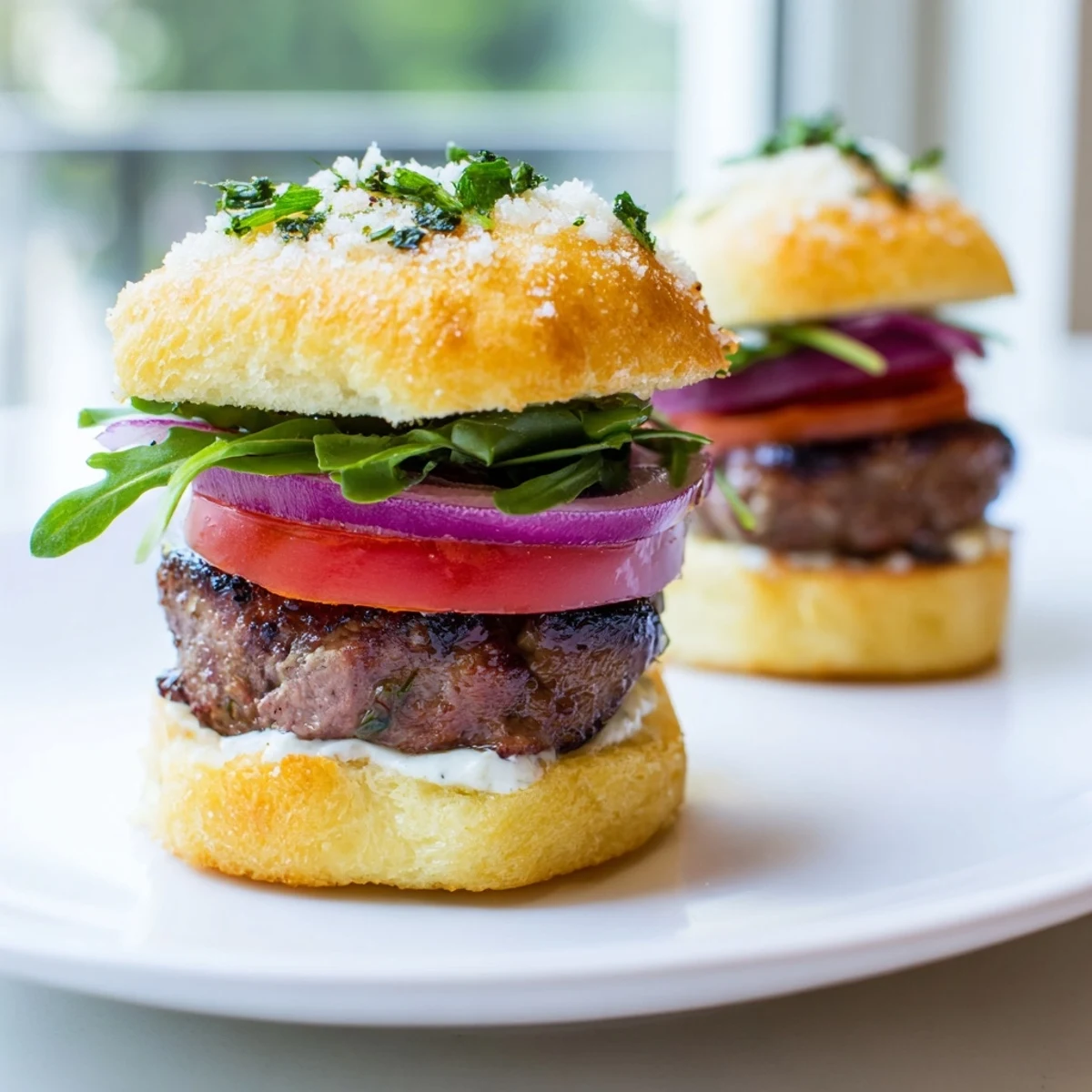 Tender filet mignon sliders stacked on toasted buttery garlic parmesan buns with red onion and greens