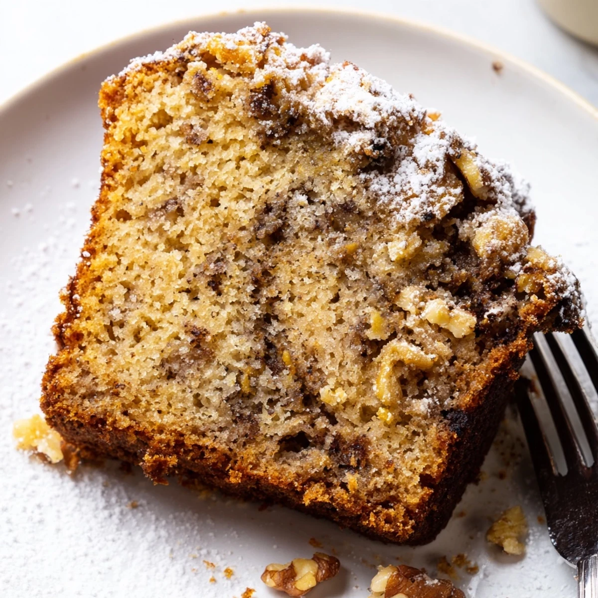 Golden banana cake sliced on a rustic plate with scattered crumbs nearby