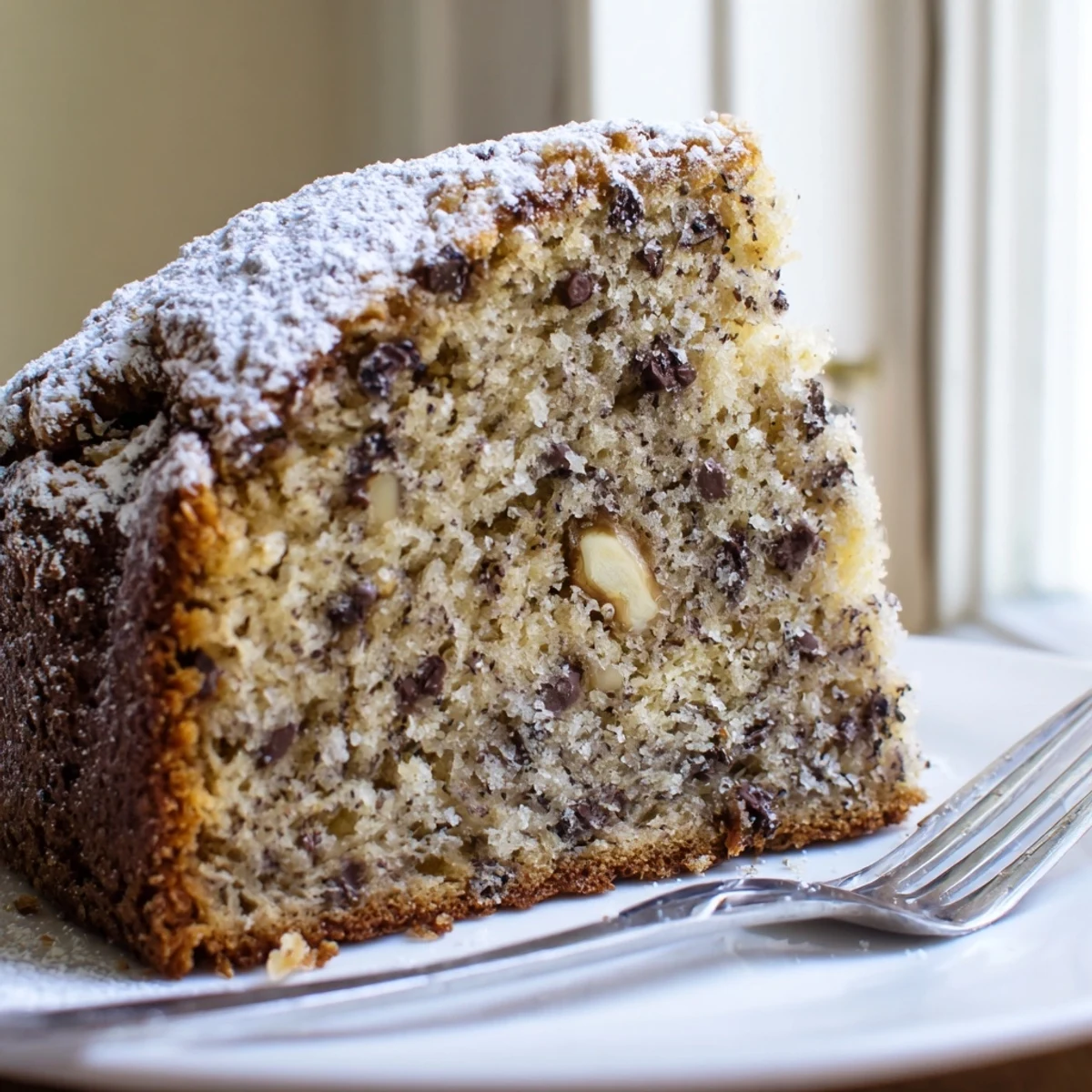 Freshly baked banana cake with chocolate chips shown on a wire cooling rack