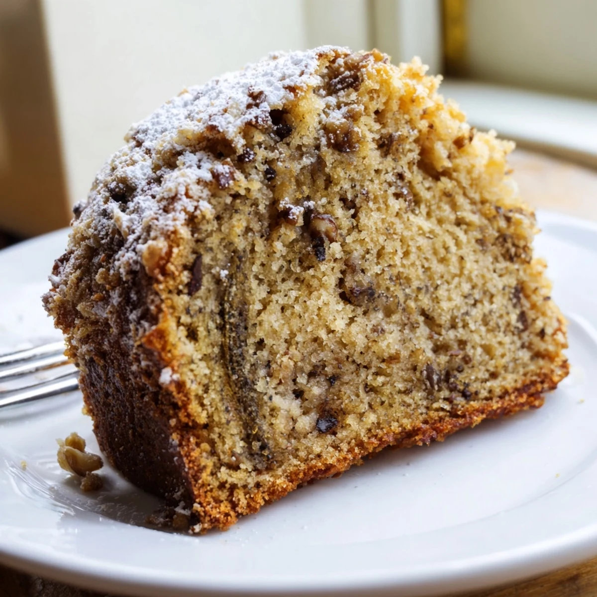 Moist banana cake topped with powdered sugar beside a warm cup of tea