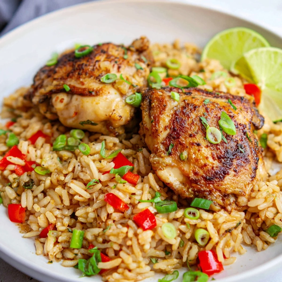 Spicy jerk chicken rice topped with fresh herbs and zesty lime wedges