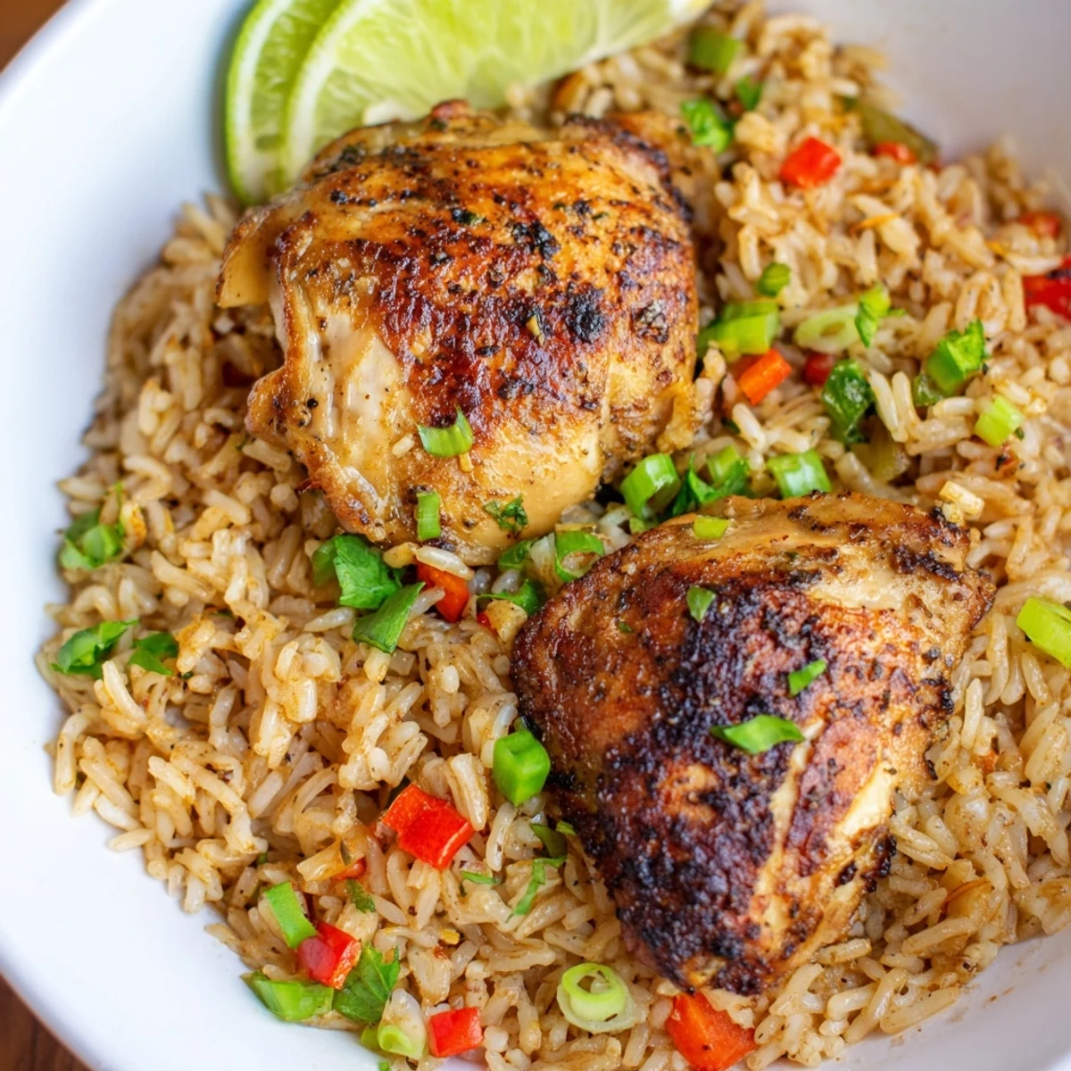 Golden seared jerk chicken thighs nestled in fragrant coconut-infused spiced rice