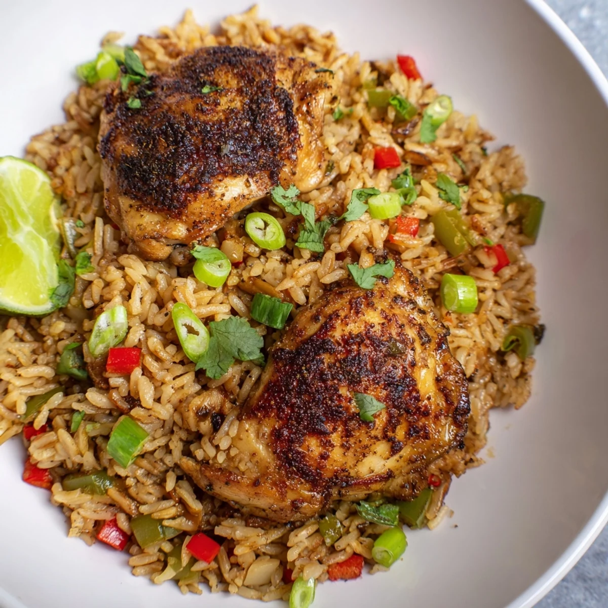 Vibrant spicy jerk chicken rice garnished with spring onions and colorful bell peppers