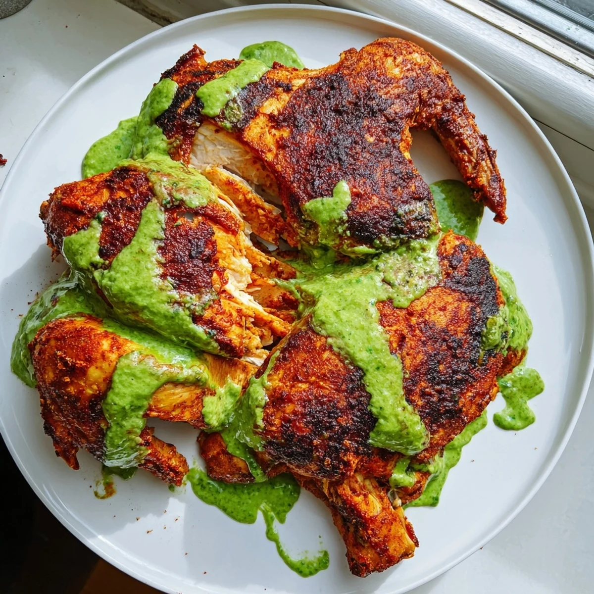 Golden Peruvian chicken delight with crispy herb-marinated skin and creamy green sauce