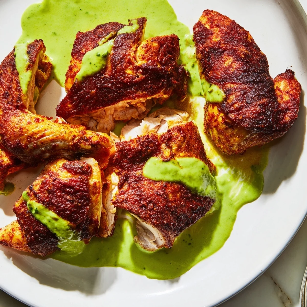 Juicy slices of Peruvian chicken delight plated alongside vibrant cilantro aji verde drizzle