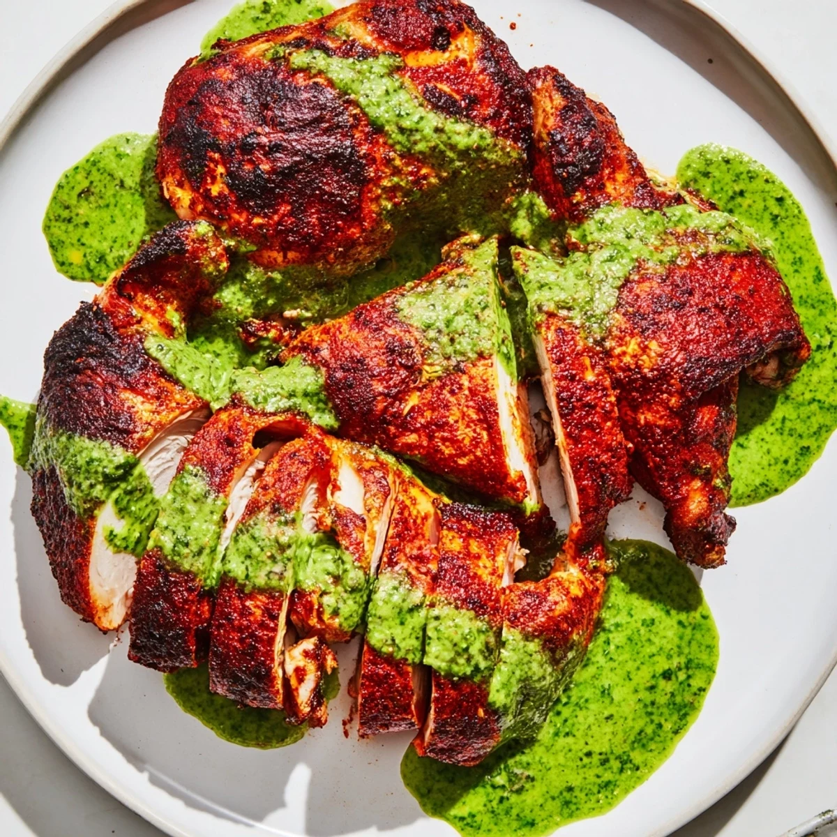 Crispy roasted Peruvian chicken delight served with spicy tangy green sauce and lime wedges