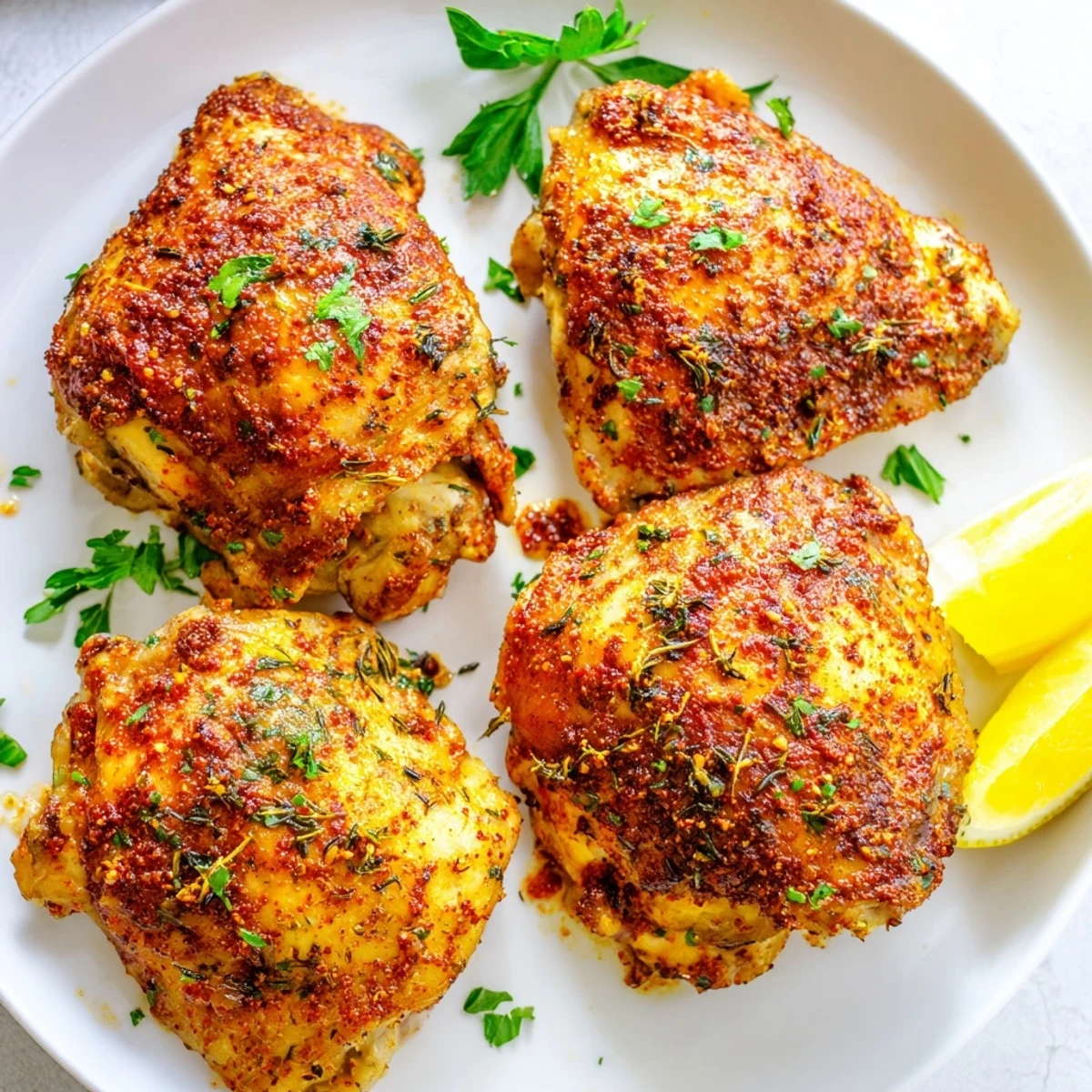 Golden crispy oven baked chicken thighs with herb seasoning on a parchment-lined baking sheet