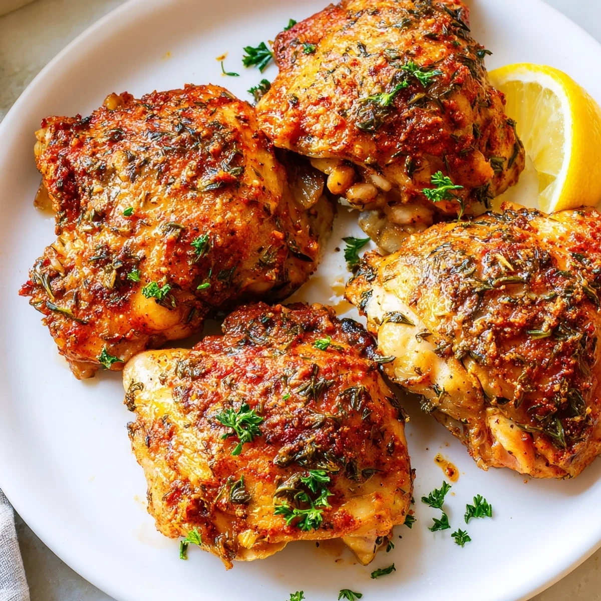Juicy oven baked chicken thighs garnished with fresh parsley and bright lemon wedges