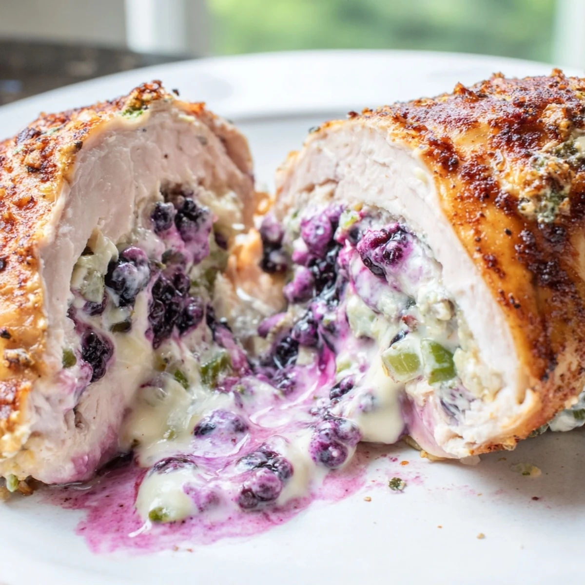 Juicy blackberry jalapeno stuffed chicken oozing with creamy melted cheese filling